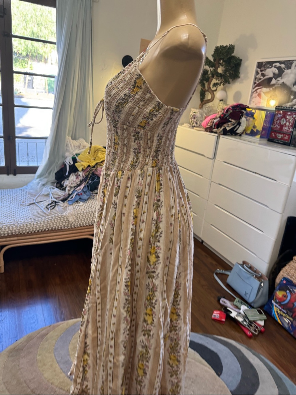Floral Smocked Bodice Spaghetti-Strap Maxi Dress in Beige and Yellow size M - Picture 9 of 11